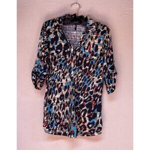 Cathy Women Small Leopard Print Striped Roll-Tab Sleeve Shirt Top Stretch Casual